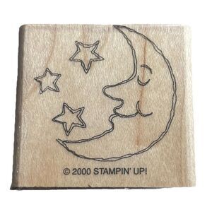 Stampin Up Vintage 2000 Celestial Crescent Moon Face Stars Wood Mounted Stamp